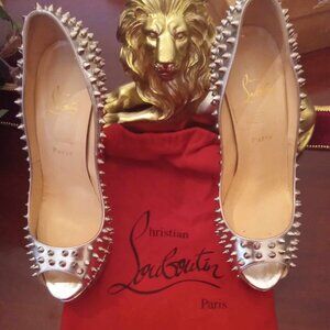 Christian Louboutin Women's Sz 42 US 10 Lady Peep Spiked Silver Pumps